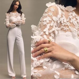 NWOT Dress the Population Mila Long-Sleeve Wide-Leg 3d flowers Jumpsuit sz M